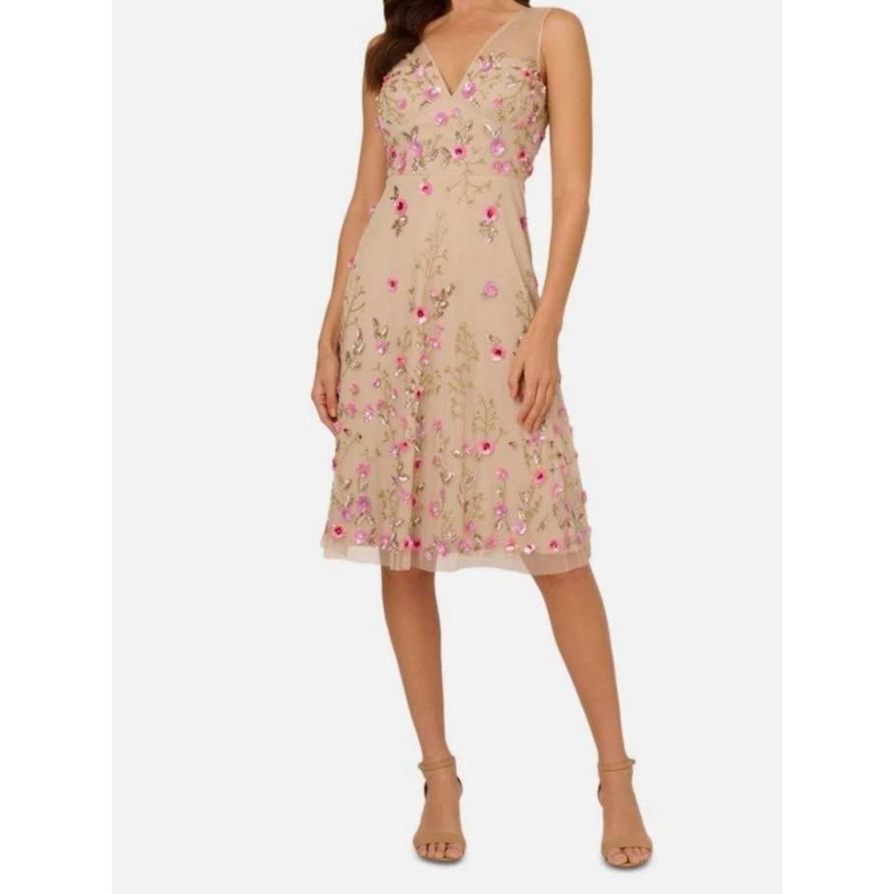 Adrianna Papell Dress Women 14 Beige Beaded Mesh Midi Floral Sequin Wedding Gues